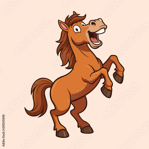 A brown cartoon horse is depicted in a pixel art style, rearing up on its hind legs with its mouth open in an excited expression. The horse has a flowing brown mane and tail, and its eyes are wide
