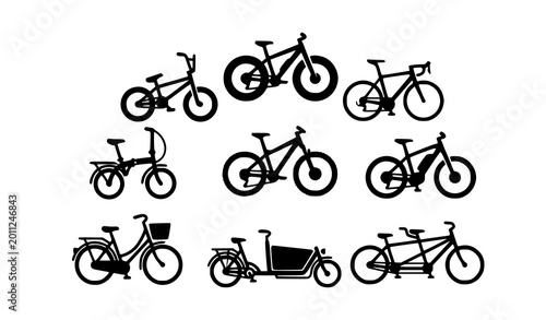 Minimal line bicycle icon set with nine bike types including folding tandem electric and cargo editable vector