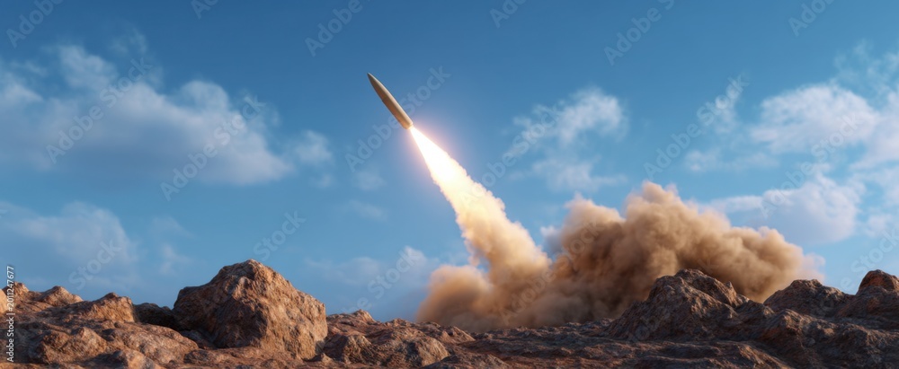 Fototapeta premium a military missile soars from a coastal defense platform like a dragon taking flight