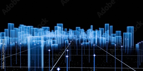 Fotografie Glowing blue hologram data city with modern cyberspace grid and communication lines