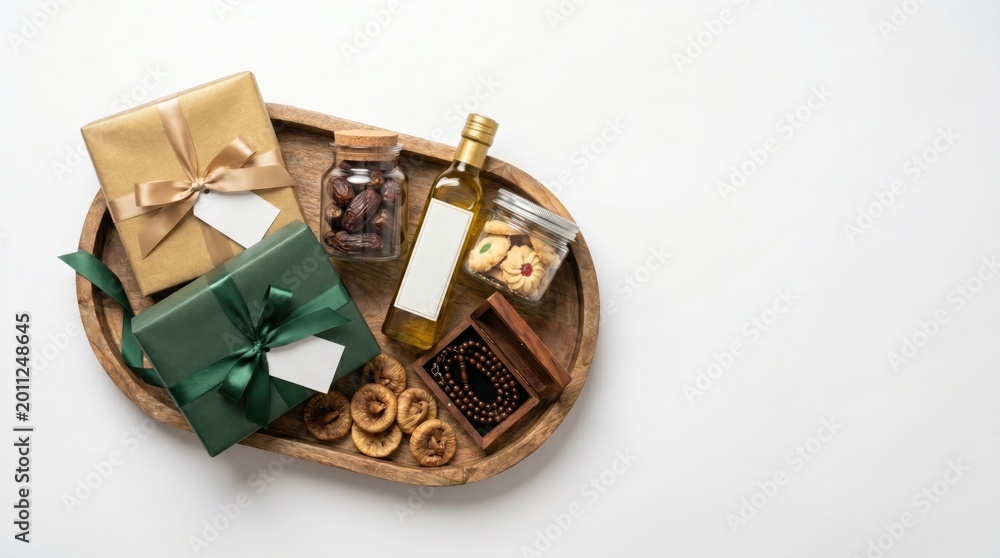 Fototapeta premium Elegant Gift Basket with Gourmet Food Items and Presents on a White Background.