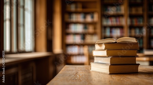 Back to school mood: stack of books on a warm wooden desk in front of quiet library shelves