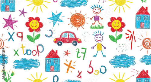 A bright and cheerful pattern featuring hand-drawn kids' illustrations like houses, suns, and flowers on a clean white background.