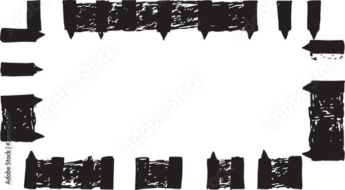 Foto A bold, solid black rectangular frame featuring a textured, hand-drawn finish with sharp, spiky inner edges and a weathered, distressed look