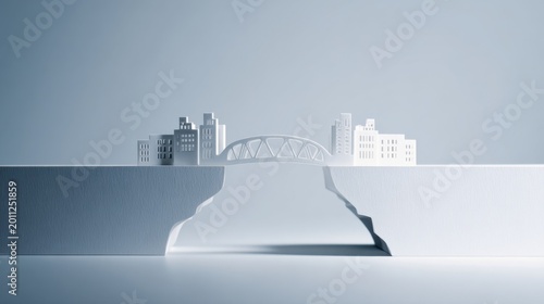 A miniature city model with a bridge spanning across a chasm