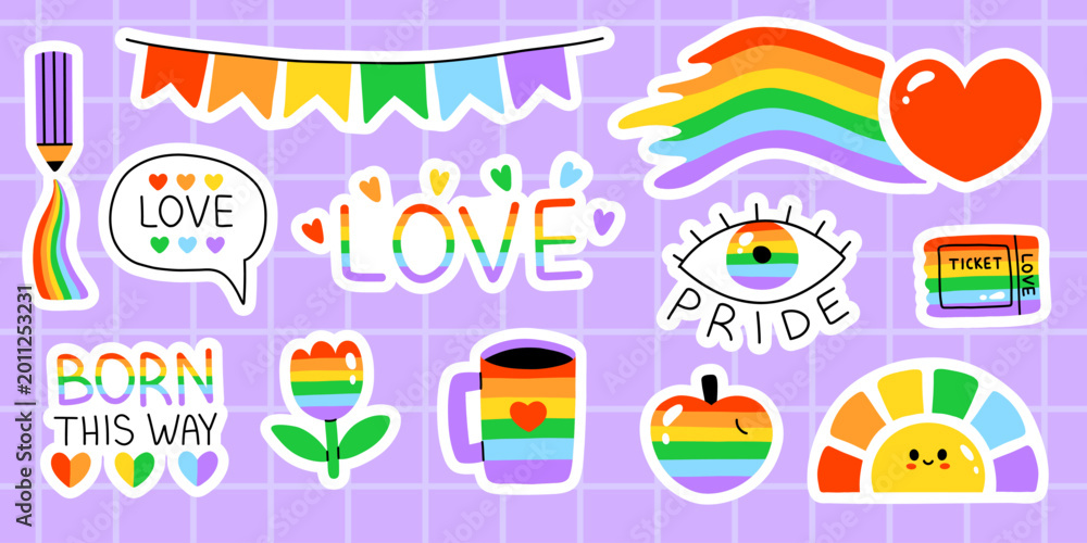 Fototapeta premium Vector lgbt pride sticker pack. Rainbow bunting, heart trail, speech bubble, lettering love, pride eye, ticket, born this way quote, flower, mug, apple and cute sun. Colorful gay lgbtq sticker set.
