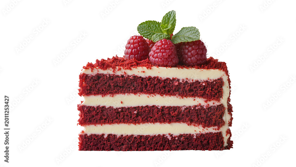 Fototapeta premium Decadent red velvet cake slice with cream cheese frosting raspberries and mint, isolated on transparent background