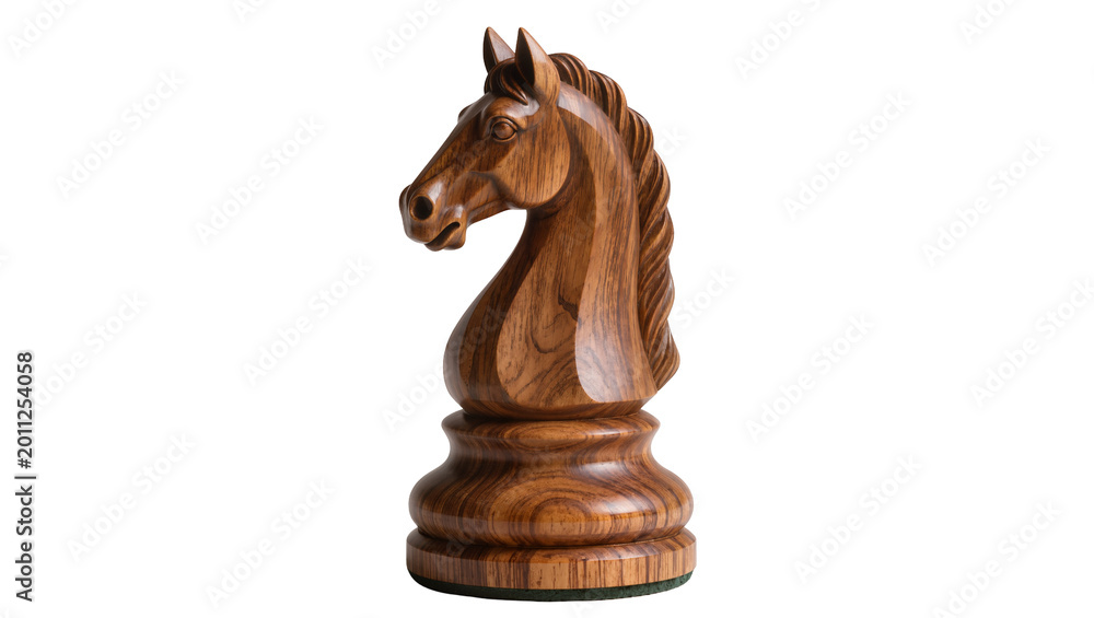 Fototapeta premium Detailed carved wooden chess knight piece, isolated on transparent background
