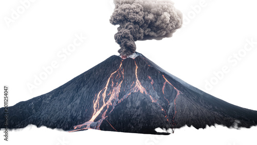 Fotografía Active volcano erupting with glowing lava flows and dark ash cloud, isolated on