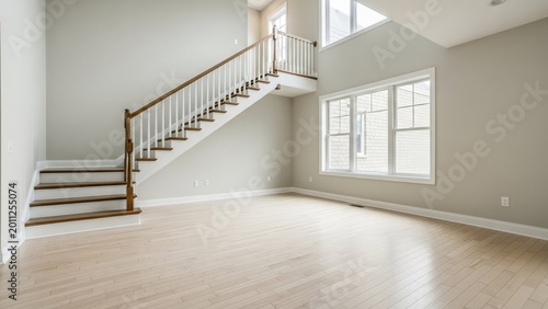Modern interior staircase with wooden steps and metal railing in bright empty room