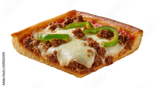 Εκτύπωση καμβά Square slice of pizza with ground beef melted cheese and green peppers, isolated
