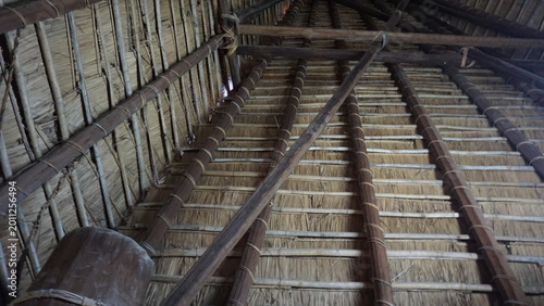 Konstfotografi Interior corner of traditional ethnic minority house in Vietnam, rustic wooden s