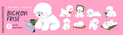 Funny little dog of Bichon Frise breed. Set of sweet fluffy puppies with gadg...