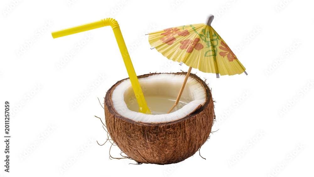 Fototapeta premium Halved coconut with refreshing drink yellow straw and decorative umbrella, isolated on transparent background