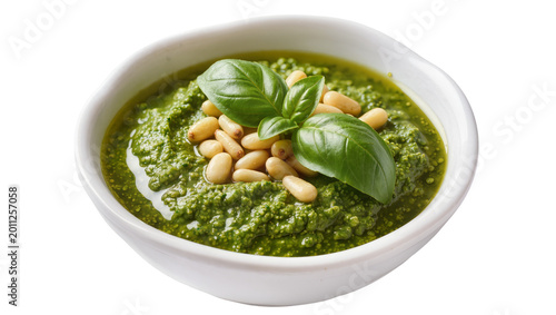 Bild auf Leinwand Green pesto sauce with pine nuts and basil leaves, isolated on transparent backg