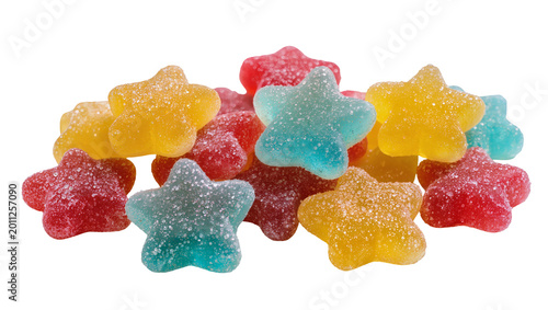 Konstfotografi Pile of colorful star-shaped gummy candies dusted with sugar, isolated on transp