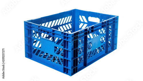 Blue plastic foldable crate with open lattice sides, isolated on transparent background