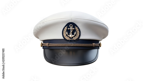 Quadro su tela White captain s hat with navy band and anchor emblem, isolated on transparent ba