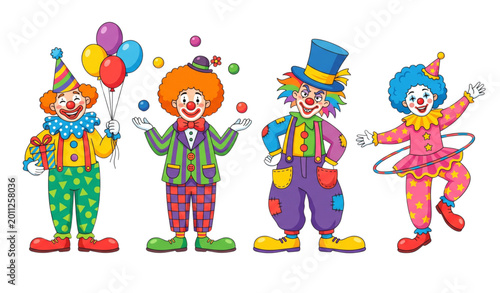 Εκτύπωση καμβά Colorful cartoon clowns in various costumes and props