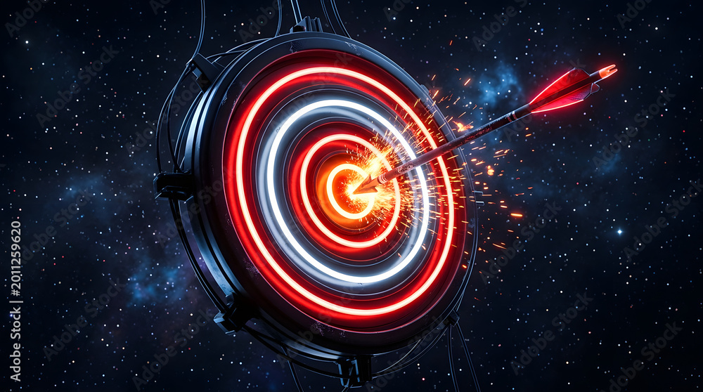 Fototapeta premium Neon target with arrow hitting the bullseye, symbolizing success, achievement, and precision in a dark, starry background