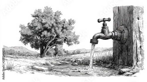 Metal water faucet flowing with fresh liquid in a beautiful and peaceful rural landscape setting