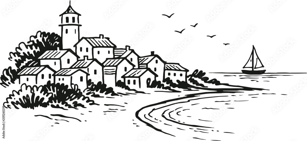 Obraz premium Vintage coastal village sketch, hand drawn mediterranean seaside town with lighthouse, old harbor landscape vector with sailboat and birds