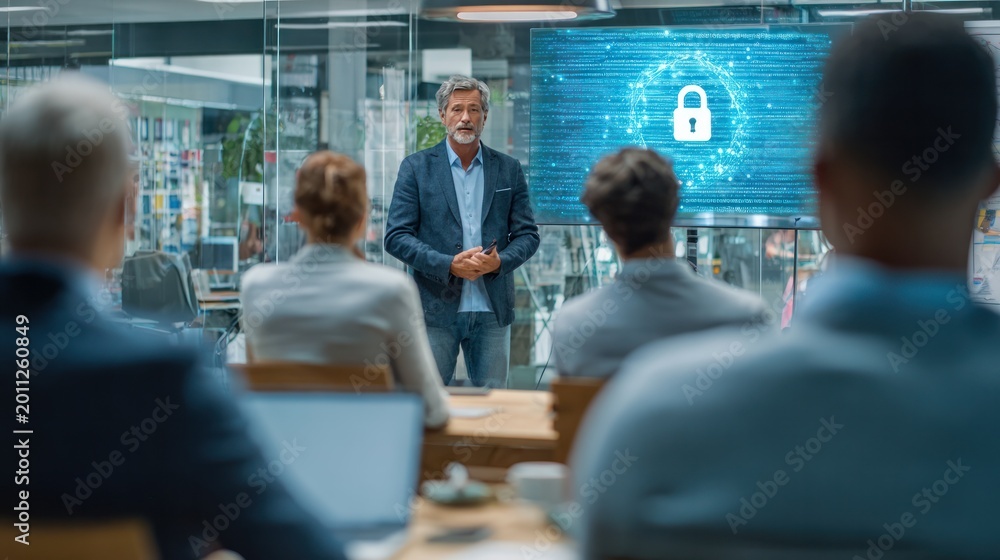 Fototapeta premium Cybersecurity Briefing: An engaging presentation focusing on digital security. A knowledgeable presenter stands confidently before a diverse group.