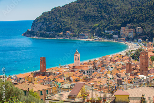  Aerial panoramic view of Noli, Liguria, province of Savona, Italy. Riviera dei Fiori. Fishermen's Beach. Maritime Republic