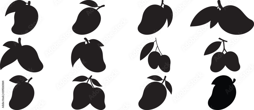 Fototapeta premium Mango Silhouette Icon Set: A Tropical Fruit Vector Collection for Fresh Food Branding Design.