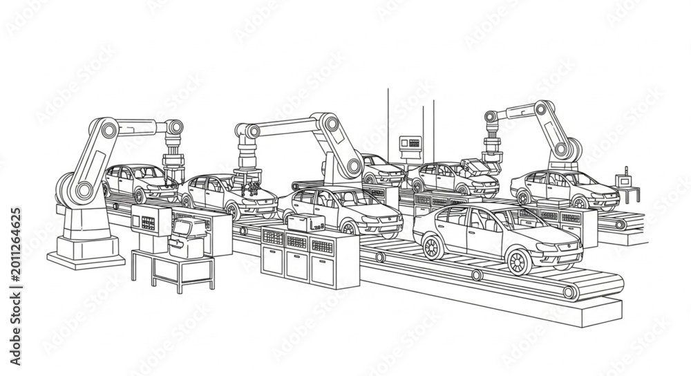 Obraz premium Robotic assembly line manufacturing cars with three robotic arms in a factory