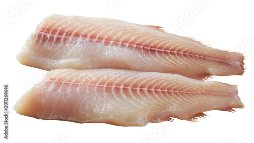 Bild auf Leinwand Two raw cod fish fillets with visible red pin bones, isolated on transparent bac
