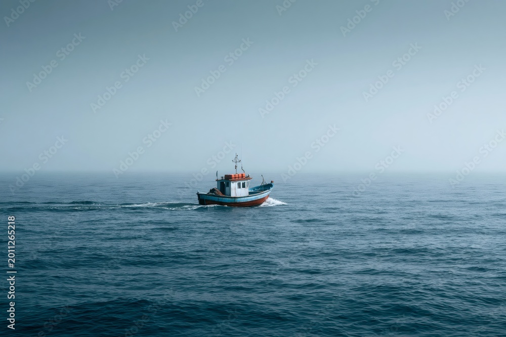 Obraz premium Fishing boat navigating calm sea on foggy day