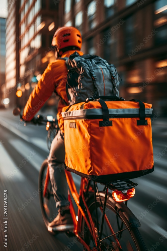 Fototapeta premium Courier delivering food by bicycle in city street