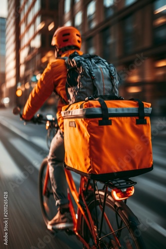 Courier delivering food by bicycle in city street