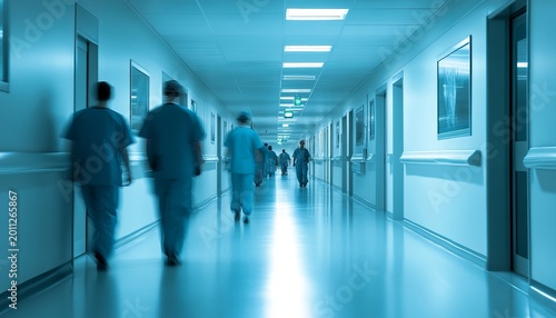 Blurry Hospital Ambience with Healthcare Perspective and Med Staff Passing Through Corridor