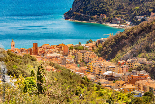  Aerial panoramic view of Noli, Liguria, province of Savona, Italy. Riviera dei Fiori. Fishermen's Beach. Maritime Republic