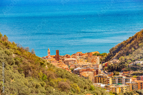  Aerial panoramic view of Noli, Liguria, province of Savona, Italy. Riviera dei Fiori. Fishermen's Beach. Maritime Republic