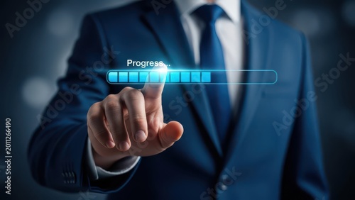 Businessman finger touching a digital blue progress bar representing system loading or project advancement