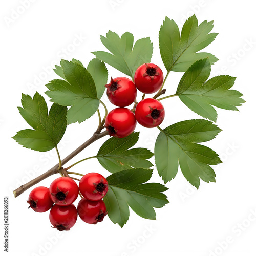 Fresh red hawthorn berries with green leaves on a small branch isolated on transparent background