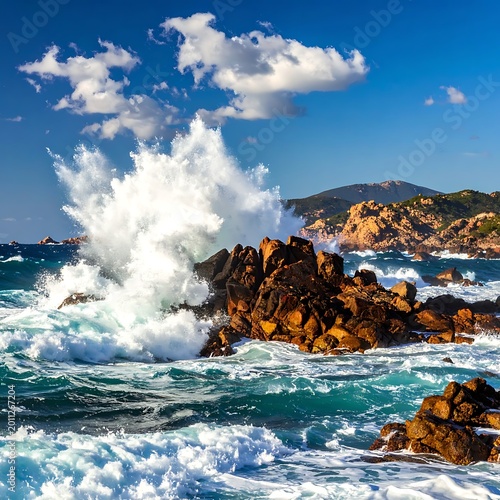 Ocean wave crashing on rocky shoreline.