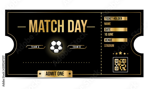 Gold Black Soccer Match Day Ticket Template, VIP Football Event Admit One Ticket Vector