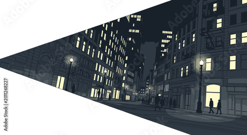 Nighttime city street scene with illuminated buildings and silhouettes of people walking