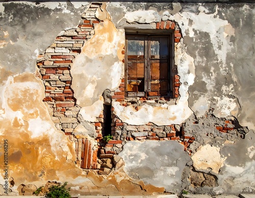 Old damaged brick wall with window.