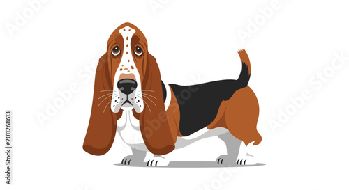 Character illustration of a sad basset hound dog with long droopy ears and a brown and black coat standing on a white background.