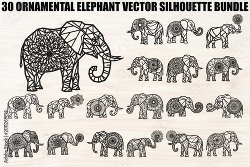 Ornamental Elephant Vector Silhouettes, Black Illustrations, 30 Piece Bundle, EPS Icons