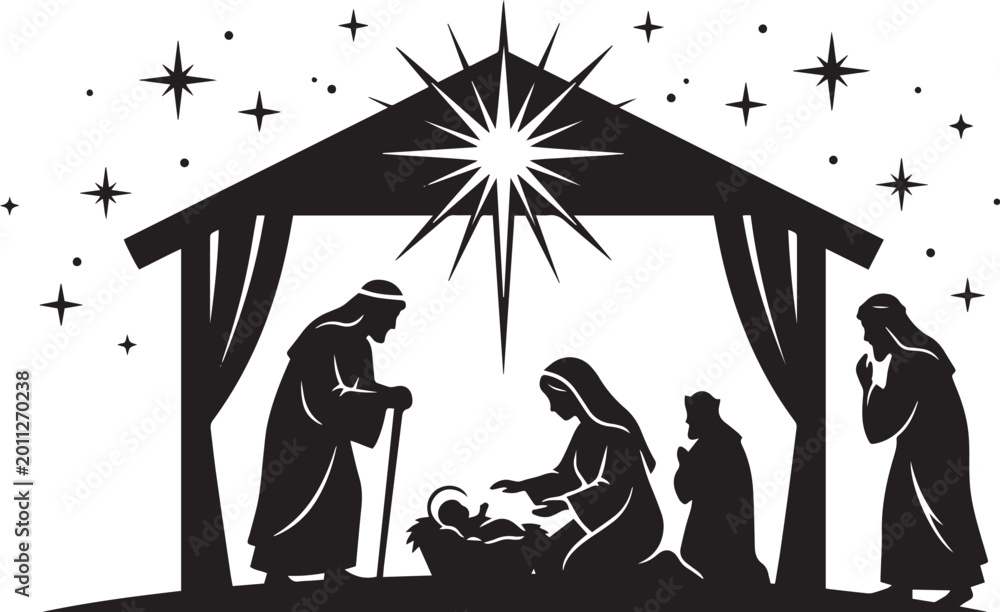 Naklejka premium A silhouette depiction of the Nativity scene, highlighting the birth of Jesus Christ in a manger surrounded by Mary, Joseph, and the Three Wise Men under a starry sky