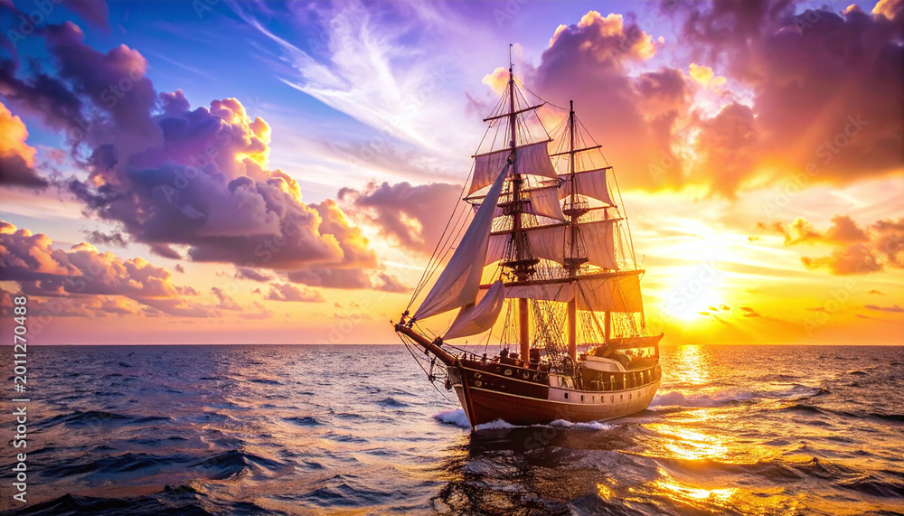 Fototapeta premium Majestic vintage sailing ship glides through ocean waves under a vibrant sunset. This cinematic scene captures exploration and maritime history, ideal for travel and historical storytelling.