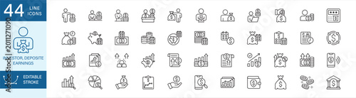 Investor, deposit, earnings icon set. Containing icon symbol : investment, money deposit, income, financial data, finance, profit, growing value, benefits, increment, businessman, banking, fund.
