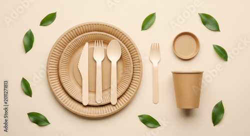 Eco-friendly disposable tableware set including plates, cutlery, cup, and green leaves arranged on a light background for sustainable dining