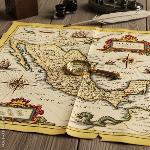 Antique Mexico Map with Brass Magnifying Glass on Wooden Desk